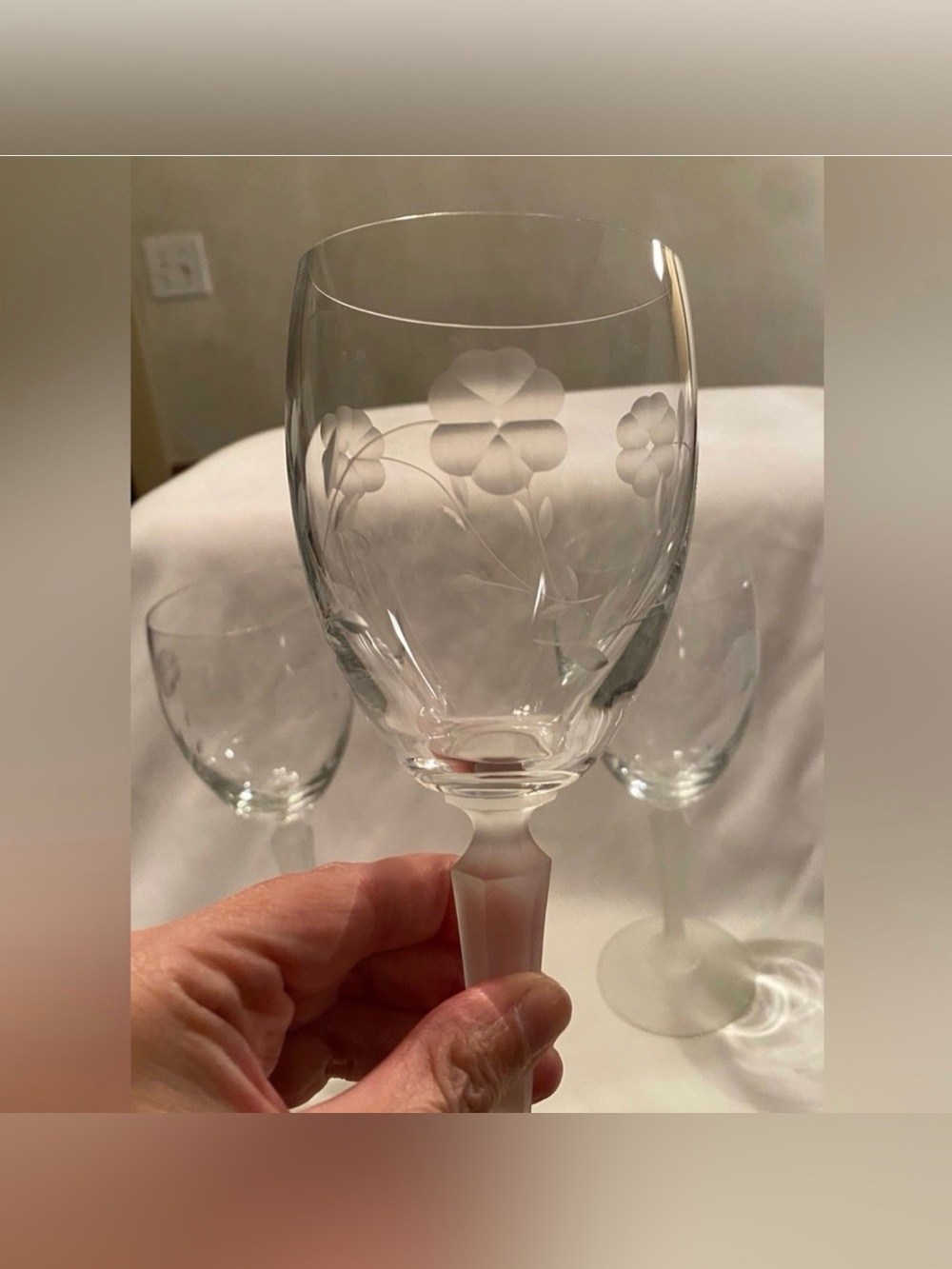 Floral Etched Glasses with Frosted Stems Set of 3 Vintage